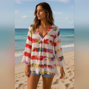 Maryan MEHLHORN Stunning Watercolor Sheer Tunic Top with Sequins – Size M